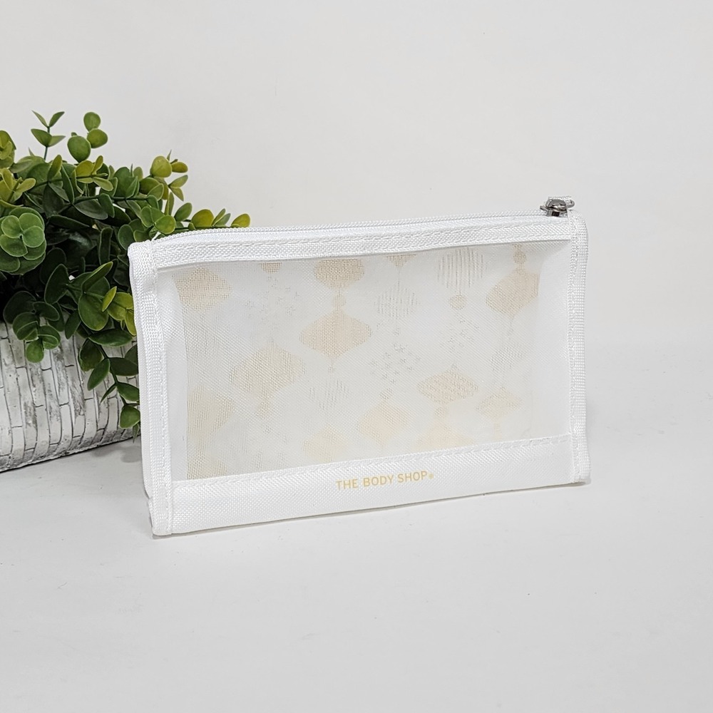 The Body Shop Cosmetic Make-Up Zip Canvas Mesh 7.75" x 5" x 2" White & Yellow
